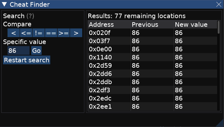 Cheat finder showing the memory locations of value 86