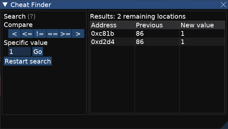 Cheat finder showing the memory locations of value 1