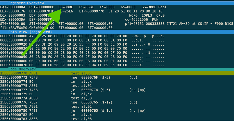 The debugger showing the current DS register