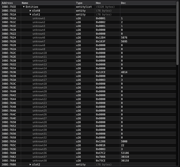 The second entity's memory layout, with all unknown fields