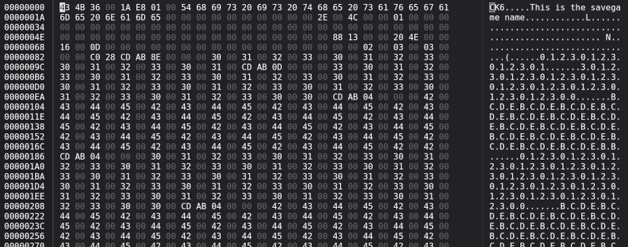 The savegame file opened in a hex editor