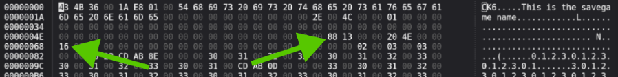 The savegame file opened in a hex editor, with the ammo and score values pointed out