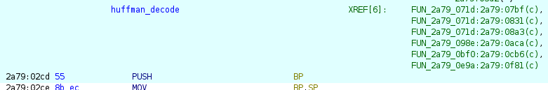 The Huffman decompression function's XREF table in Ghidra
