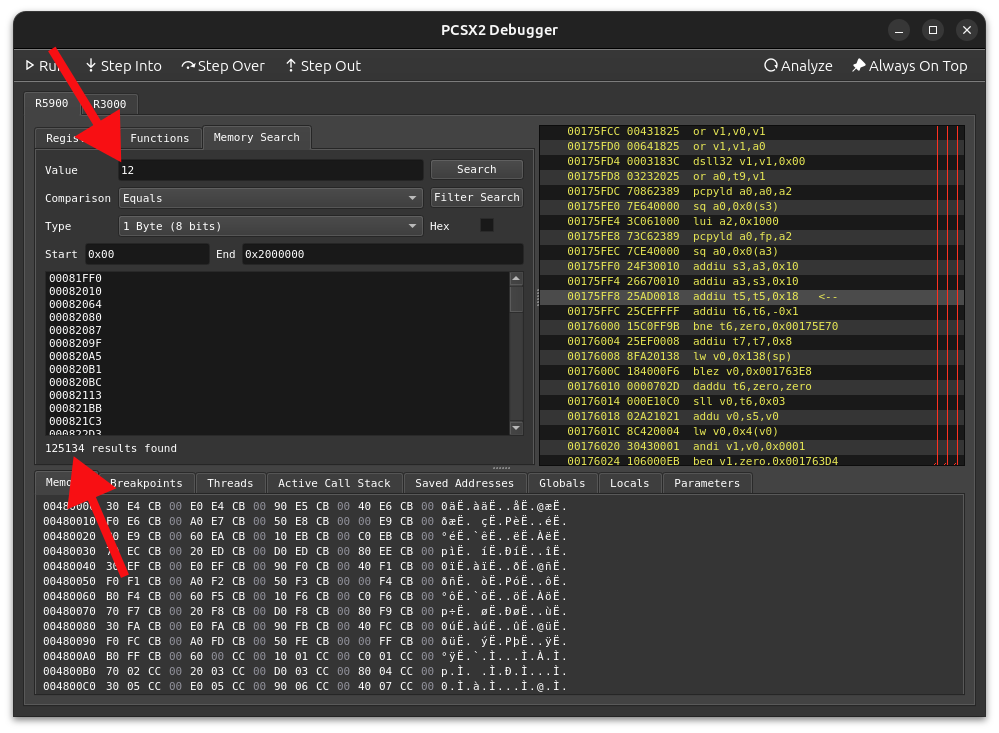 The PCSX2 memory search window showing 125K+ results