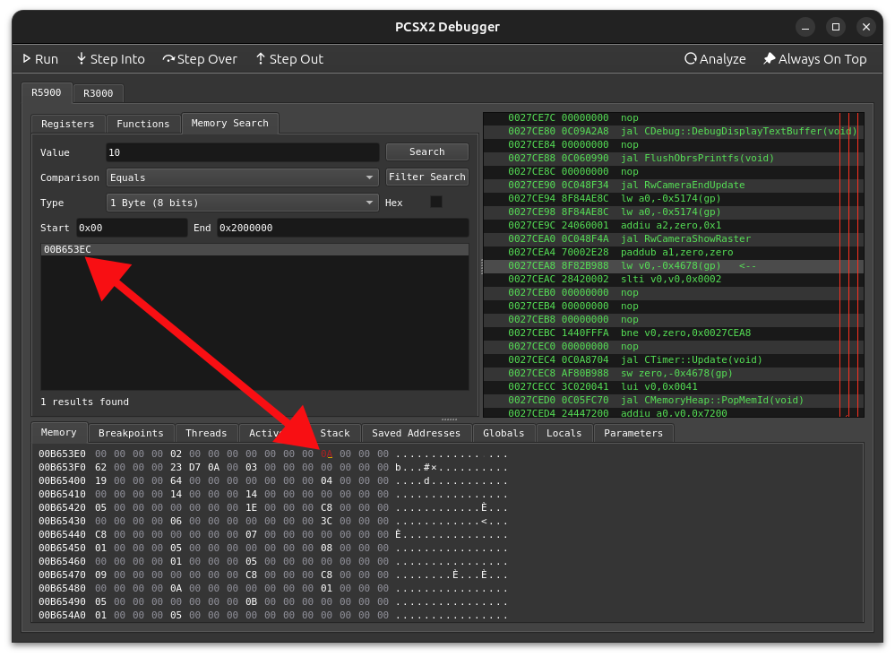 The PCSX2 memory search window showing 1 result for the ammo address