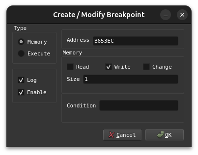 Creating a write memory breakpoint on the address we found